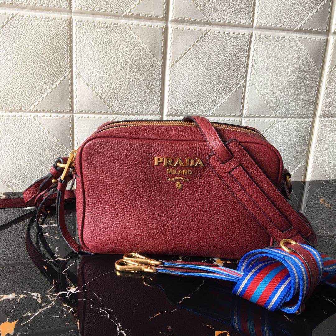 Prada Leather Shoulder Bag Handbag Tote Red/Gold 1BH082